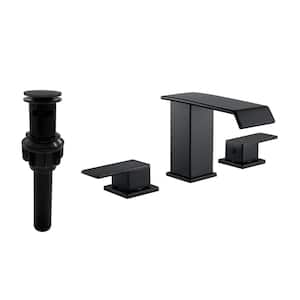 Double Handle Waterfall Bathroom Faucet with 2.36 in. Wide Spout and Pop Up Drain kit in Black