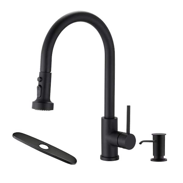 Tahanbath Single Handle Deck Mount Gooseneck Pull Down Sprayer Kitchen  Faucet with Deckplate and Soap Dispenser in Matte Black  MS-D3412MB+I805MB-ZQ - The Home Depot