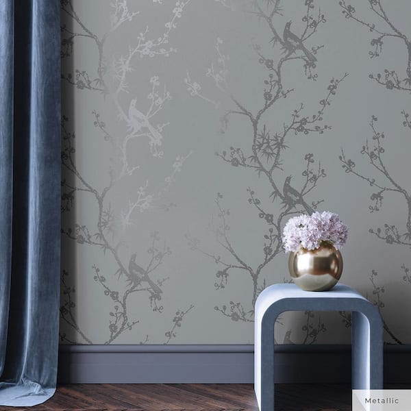 Cynthia Rowley Metallic Dove Grey Bird Watching Vinyl Peel and Stick Wallpaper Roll (Covers 60 sq. ft.)