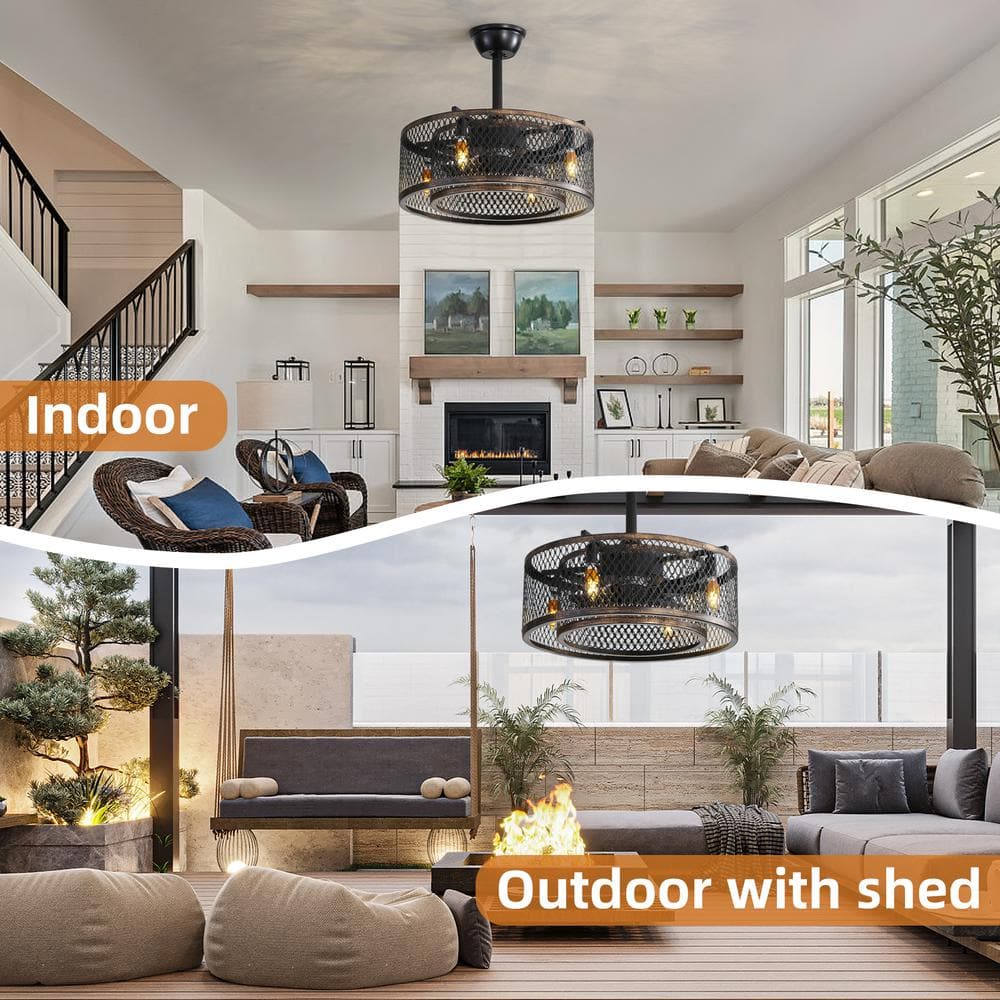 20" Black Steel Caged Ceiling Fan with Warm Lighting and Remote Control