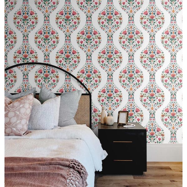 Rose Pink and Spruce Floral Ogee Vinyl Peel and Stick Wallpaper Roll (30.75 sq. ft.)