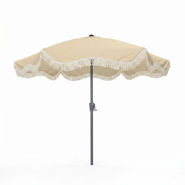 artistic patio umbrellas Clihome 9 ft. Bohemian Tassel Fringe Patio Umbrella in Beige with Tilt and  Crank Lift for Garden Beach CL-DLS9BE