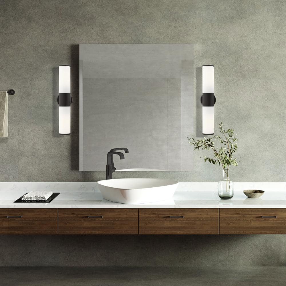 Sleek Urban Black Bronze 2-Light Outdoor Vanity with Satin Opal White Glass