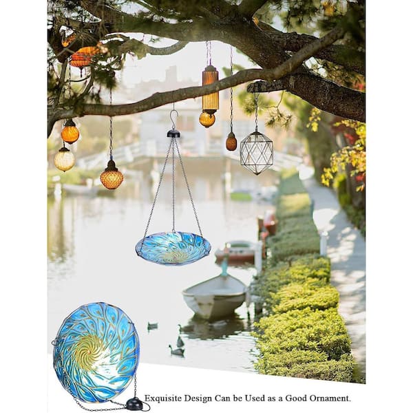 Hanging Bird Bath With Wavy Design – Glass Bowl & Iron Stand, Outdoor Garden Decor