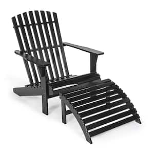 Saranac Black Traditional Rustic Acacia Wood Adirondack Chair with Detachable Ottoman (2-Piece)