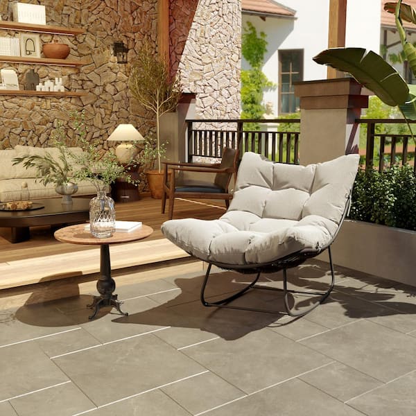 Cesicia Gray Metal Outdoor Rocking Chair with Beige Cushion