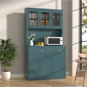 Teal Blue Kitchen Pantry Cabinet Storage with Adjustable Shelves, Buffet Cupboard and Microwave Stand