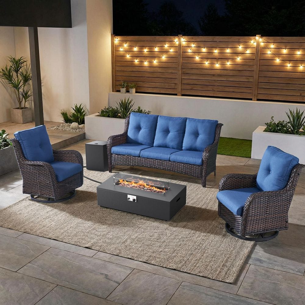 ArcLine 5-Piece Brown Wicker Fire Pit Conversation Set with Olefin Blue Cushions and Couch/ Patio Swivel Chairs price history on PriceWatchPro