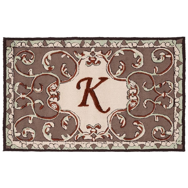 Monogram Mocha 3 ft. x 4 ft. "K" Ornate Floral Indoor/Outdoor Area Rug