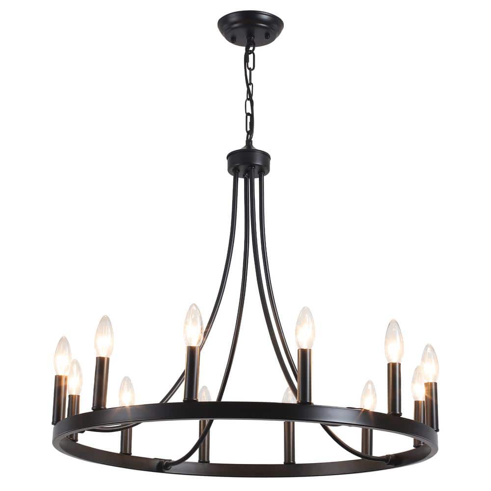 12-Light Black Modern Adjustable Height Light Fixture Wagon Wheel Chandelie