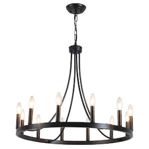 12-Light Black Modern Adjustable Height Light Fixture Wagon Wheel Chandelier