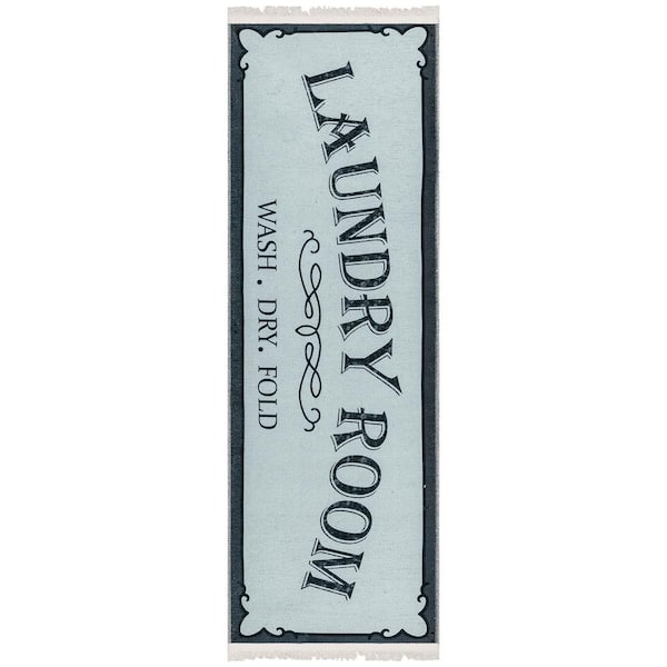 Ottomanson Non Shedding Washable Wrinkle-free Cotton Flatweave Text Design 2x5 Laundry Room Runner Rug, 20 in. x 59 in., Gray