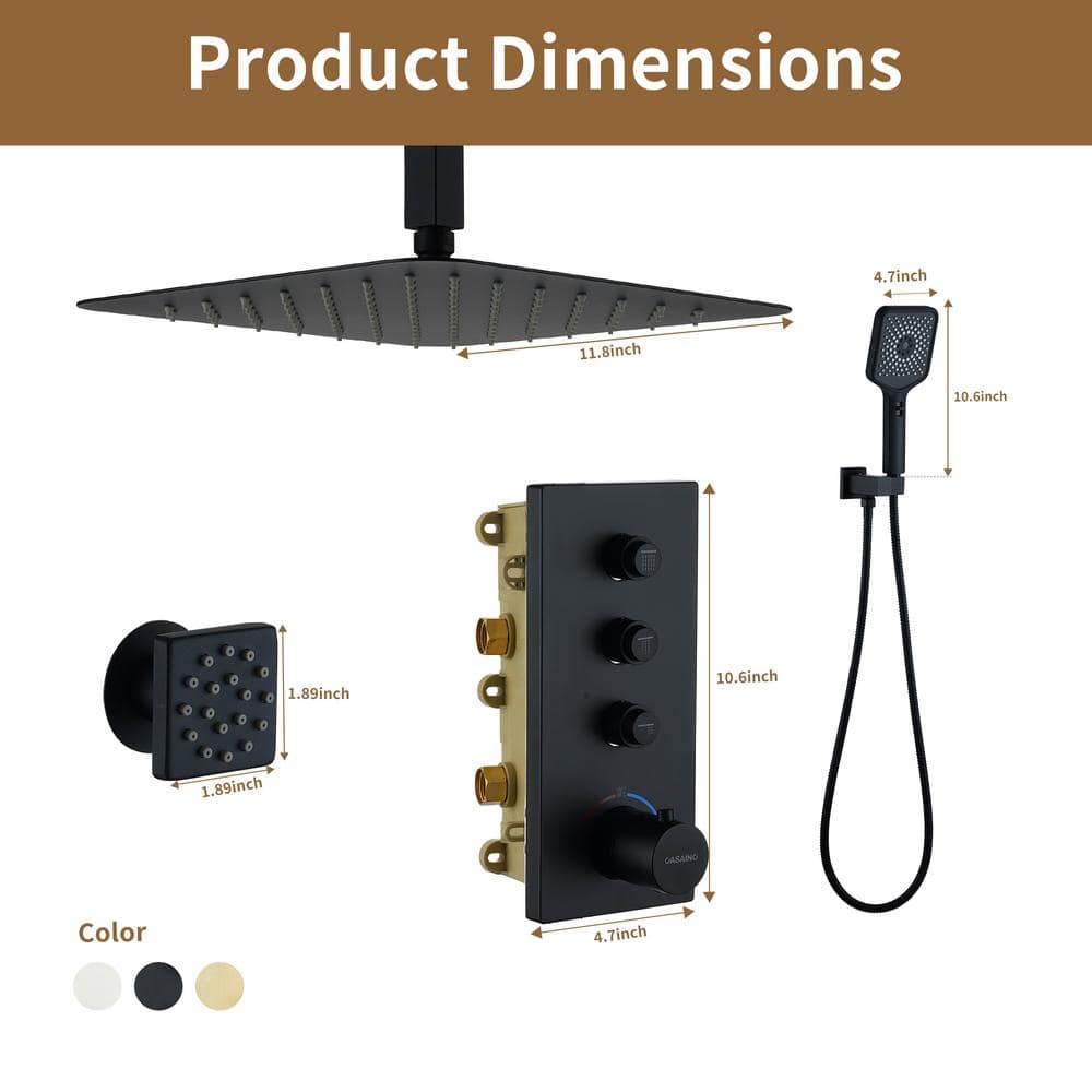 Matte Black Large Square Ceiling Mounted Dual Shower System