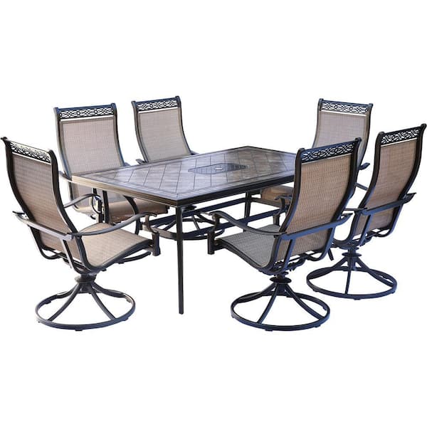 Hanover Monaco 7-Piece Aluminum Outdoor Dining Set with Rectangular Pocelain Tile-Top Table and 6 Sling Swivel Rocker Chairs