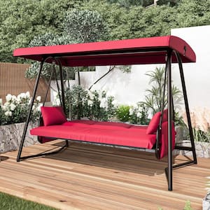 800 lbs. Outdoor Porch Swing, 3 Person Adjustable Backrest Patio Swing Chair with Stand, Convertible Tilt Canopy