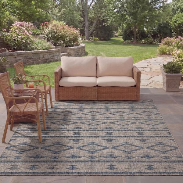 Courtyard Gray/Navy 8 ft. x 11 ft. Ikat Indoor/Outdoor Patio Area Rug