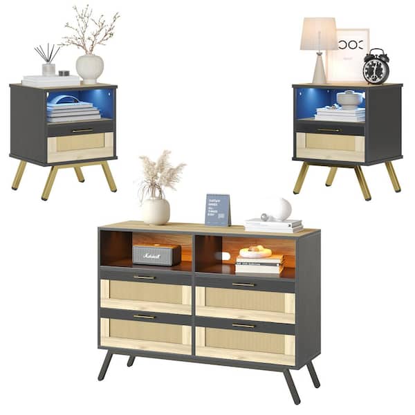 Bestier 3-Piece Black Led Modern 4-Drawer 41.73 in. W Chest of Drawers and 2-Drawer 15.7 in. W Nightstand
