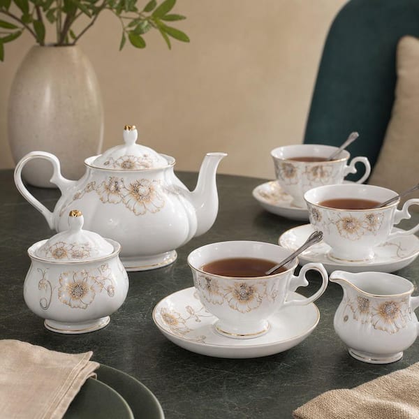 POTETE☆coffret set white Numhew 22-Piece 6-Cup White Porcelain Ceramic Tea Pot Set with Cup