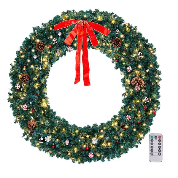 72 in. Pre-lit Artificial Christmas Wreath with Red Bow 1200 Branches 300 LED Lights