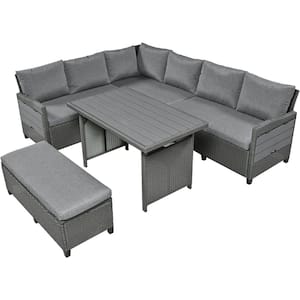 5-Piece Wicker Patio Conversation Sectional Seating Set with Gray Cushions, Extendable Side Tables and Washable Covers