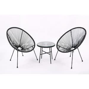 3 Pieces Black Classic Patio Bistro Conversation Set with Side Table PE Rattan Chair Set Outdoor Furniture