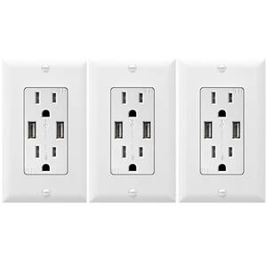 USB Charging Electrical Outlet 15 Amp Thermoplastic Isolated Ground in White 