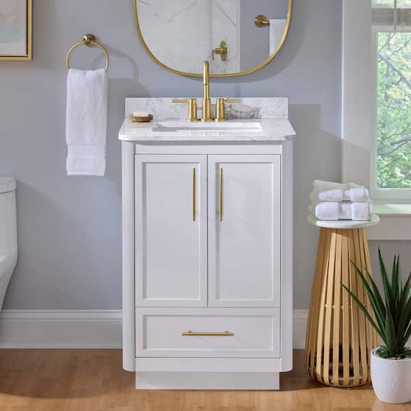Tamsin 24 in. Single Sink White Bath Vanity with White Round Corner Engineered Marble Top (Assembled)