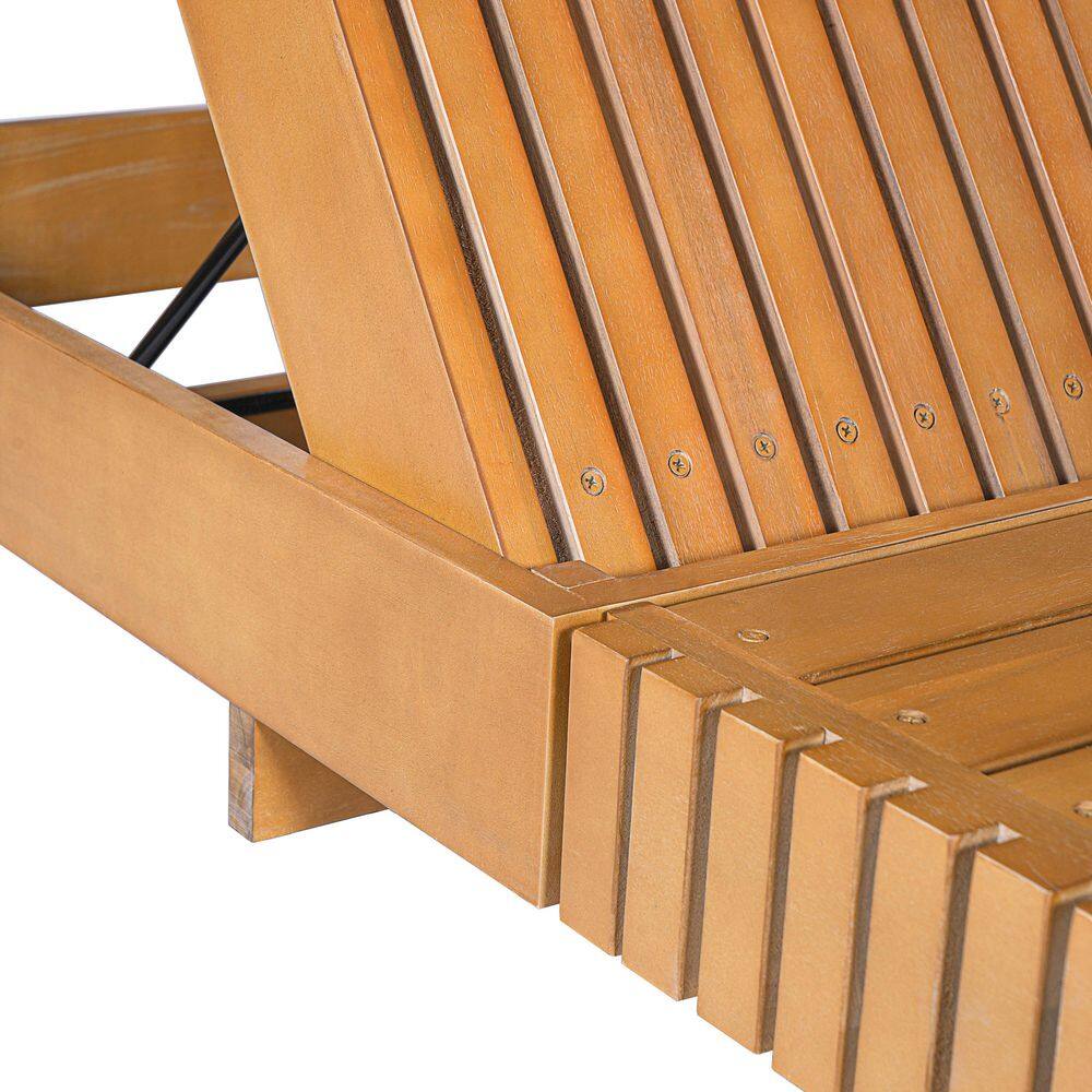 Wooden chaise lounge frame with slatted backrest shown from an angle.