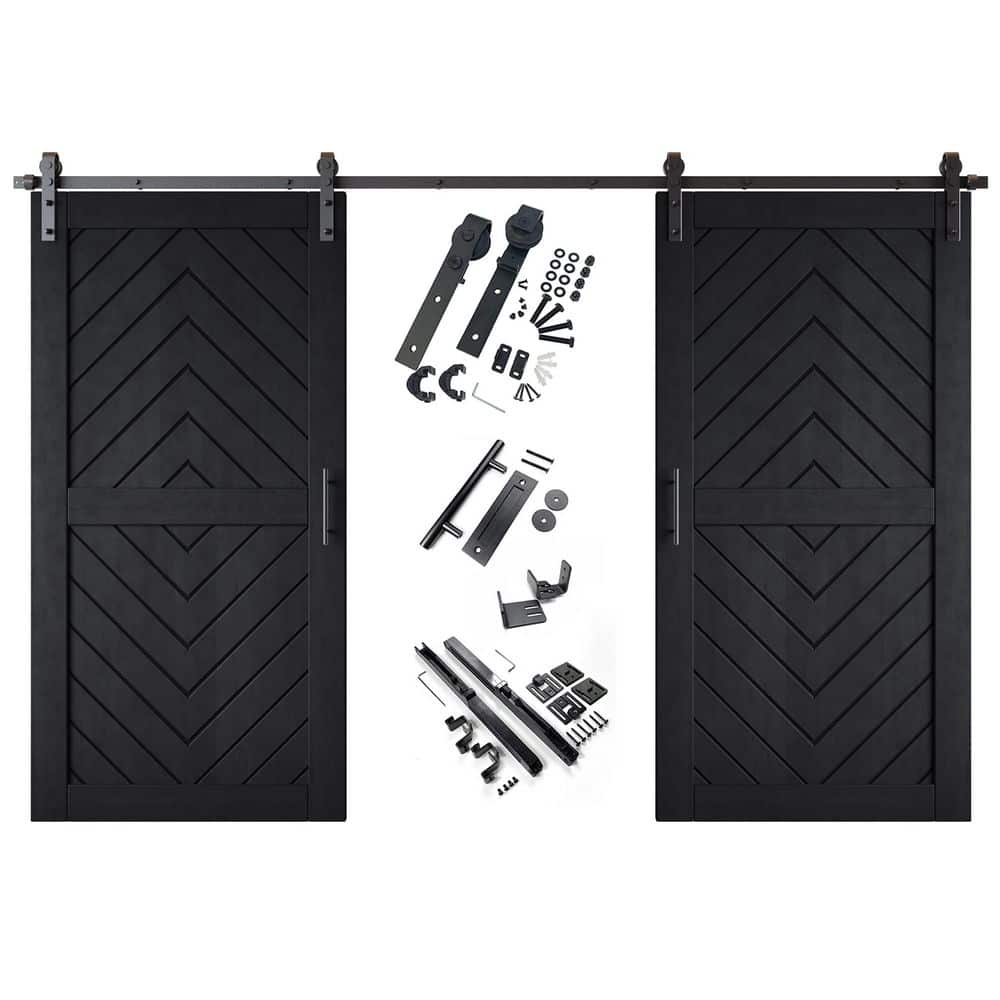 JT2 32 in. x 80 in. C-Panel Black Fishbone Design Double Pine Wood Sliding Barn Door with Hardware Kit price history on PriceWatchPro