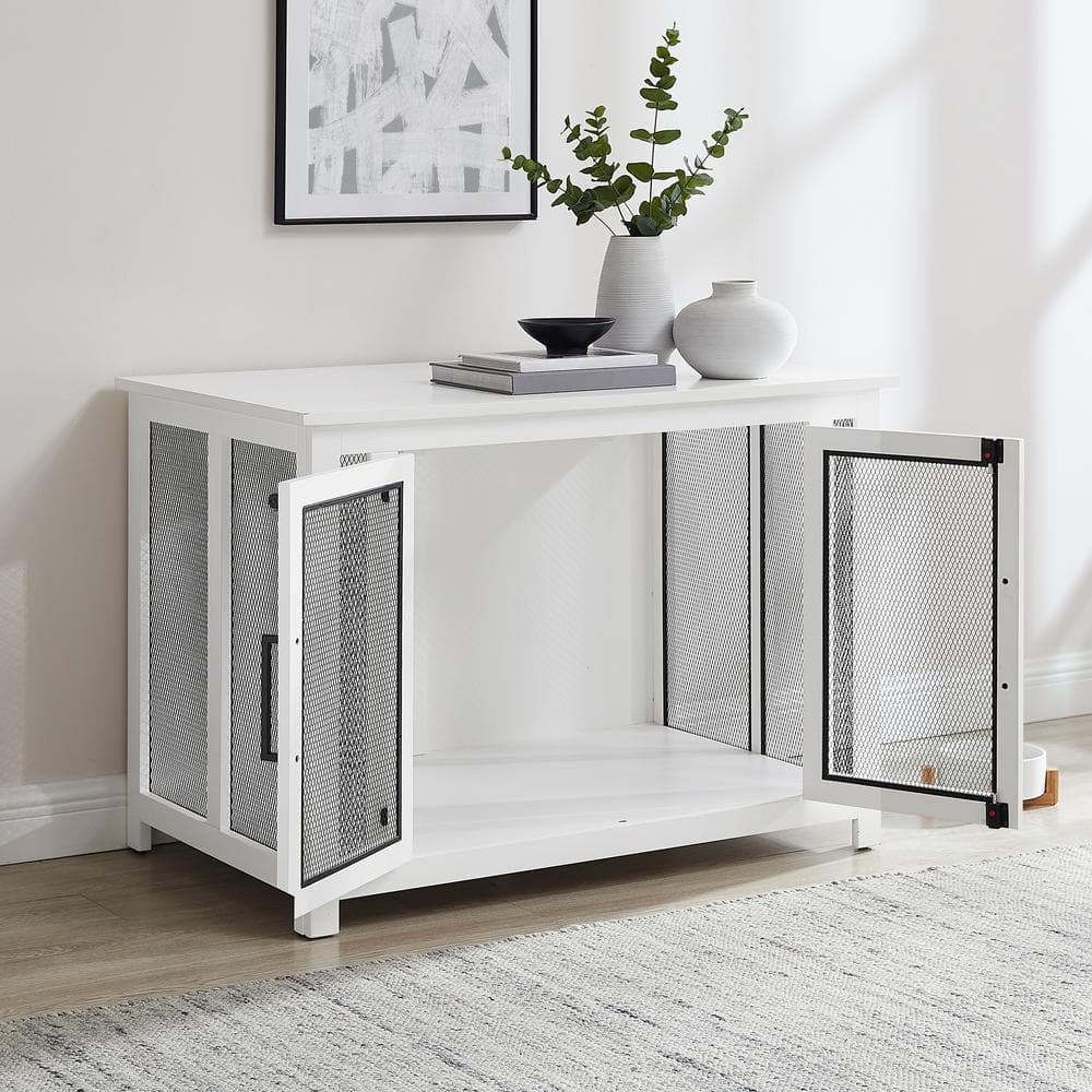 White and Black Steel Mesh Dog Crate Console Table