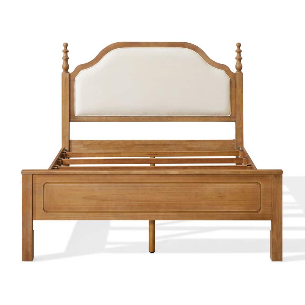Arched Beige Solid Wood Frame Queen Panel Bed with Upholstered Headboard Spindle Detailing