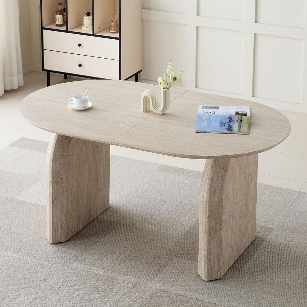 Clihome Modern Beige Wood 35.43 in. Pedestal Base Dining Table Seats 8 ...