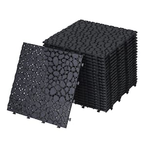 12 in. x 12 in. Plastic Black Pebble Stone Pattern Interlocking Floor Outdoor Patio Deck All-Weather Tiles (24-Pack)