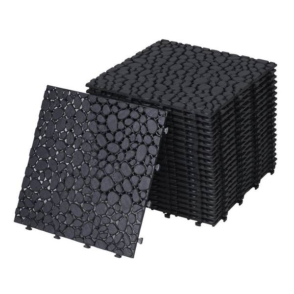 FIROMO 12 in. x 12 in. Plastic Black Pebble Stone Pattern Interlocking Floor Outdoor Patio Deck All-Weather Tiles (24-Pack)