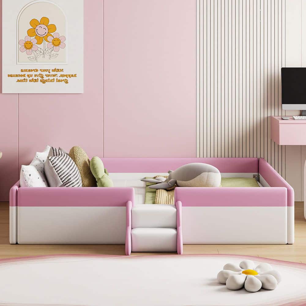 Pink and White Wood Frame Queen Size Upholstered Platform Bed Daybed with Fence and Stairs