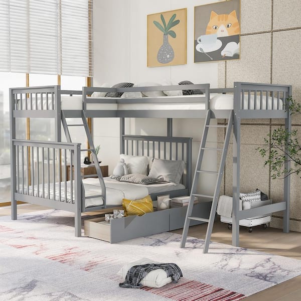 GODEER Gray L-Shaped Twin over Full Bunk Bed and Twin Size Loft Bed with 2 Storage Drawers