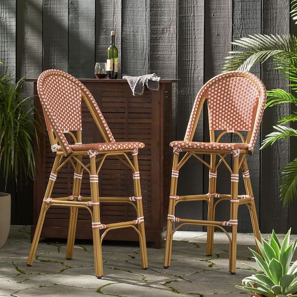 2-pieces of Rust Red Aluminum Outdoor Bar Stool, Outdoor PE Rattan French Barstool, Aluminum Frame with Bamboo Finish