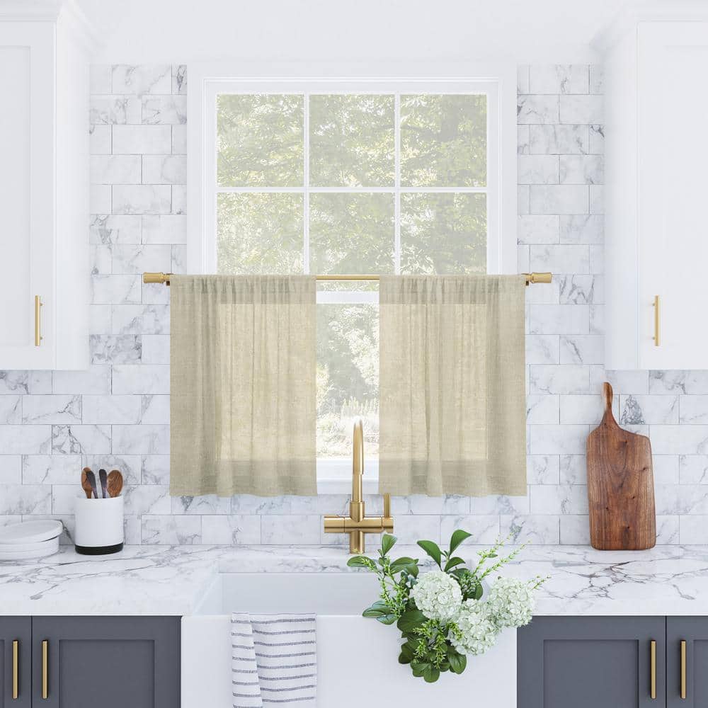 Linen Blend Sheer Cafe Curtain Pair, 56" x 24", Light Brown
