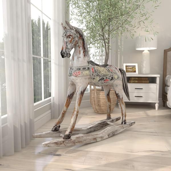 Litton Lane Large 39 in. Beige Wood Rocking Horse Floor Sculpture with Brown and White Distressing