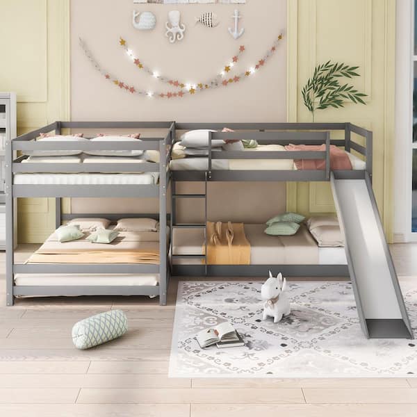 Gray L-shaped Full and Twin Size Bunk Beds with Slide and Ladder, Double Wood Bunk Beds for 4 Kids and Teens