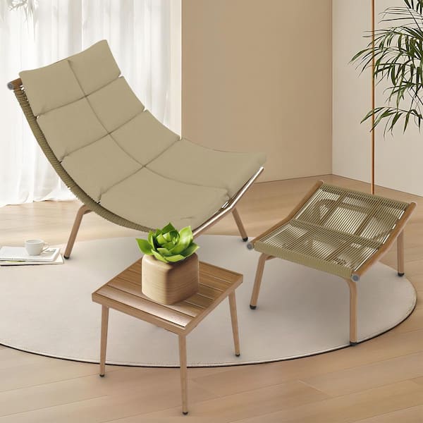 AUTMOON Metal Outdoor Indoor Chaise Lounge Chair with Table 380 lbs. Capacity with Brown Cushion (3-Piece)