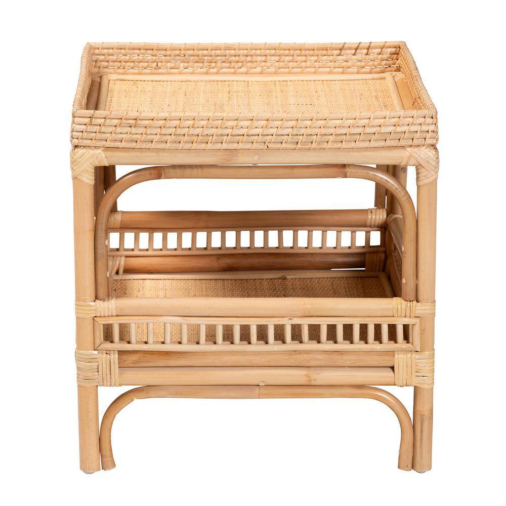 Natural Rattan Bohemian Square End Table with Shelf