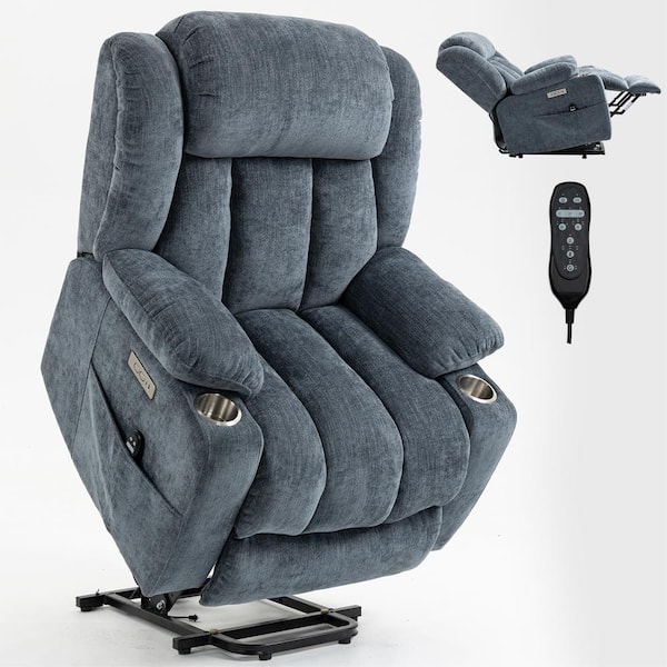 sumyeg 34.6 in. W Blue Chenille Power Lift Recliner Chair with Massage, Heating, USB and Type-C Ports and Cup Holders