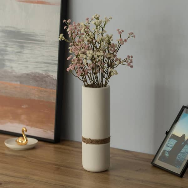 Forbrydelse Uundgåelig brydning Uniquewise 11 in. White Decorative Modern Ceramic Cylinder Shape Table Vase  Flower Holder with Rope QI004362.L.WT - The Home Depot