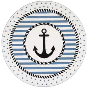 Carousel Kids Ivory/Navy Doormat 3 ft. x 3 ft. Round Striped Area Rug