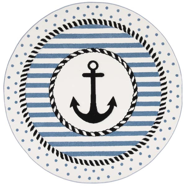 SAFAVIEH Carousel Kids Ivory/Navy Doormat 3 ft. x 3 ft. Round Striped Area Rug