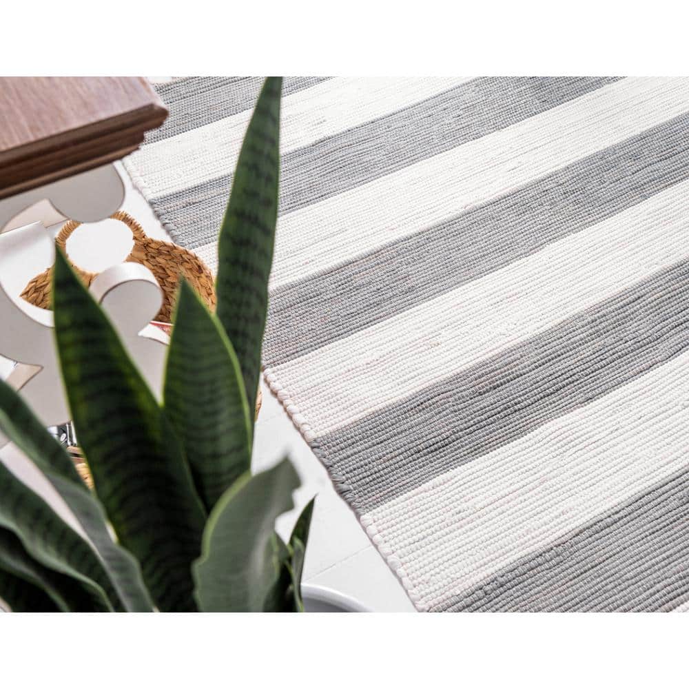 Handwoven Striped Chindi Rag Rug in Gray and Cream Cotton