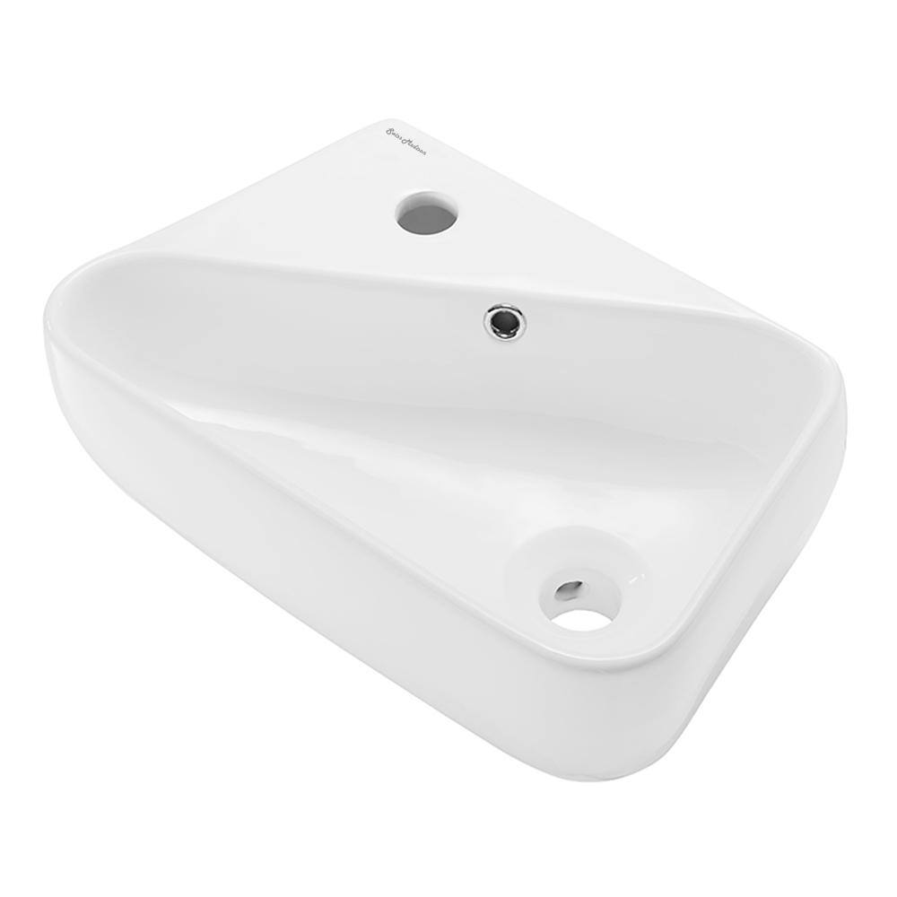 White Ceramic Wall-Mount Sink with Left Side Faucet