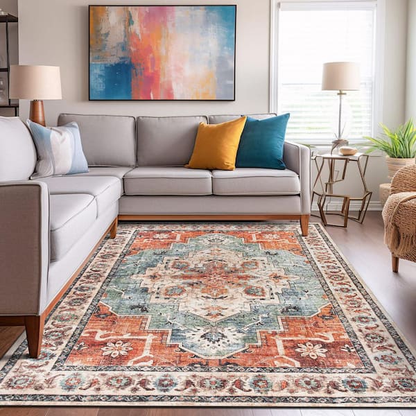 Transitional Medallion Washable Non Slip Multi 5 ft. x 7 ft. Area Rug