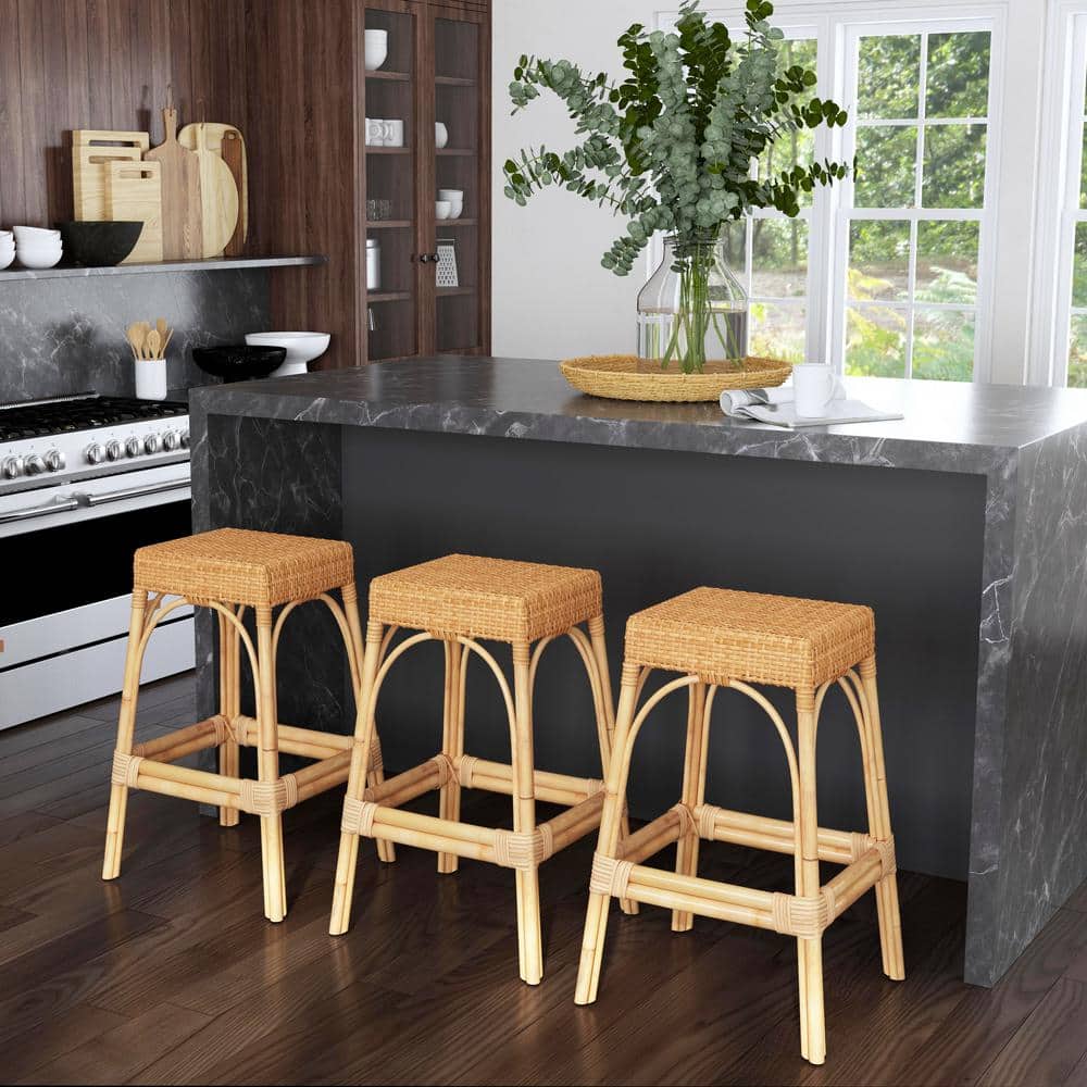 Natural Rattan and Wood Backless Bar Stool, 30" Height